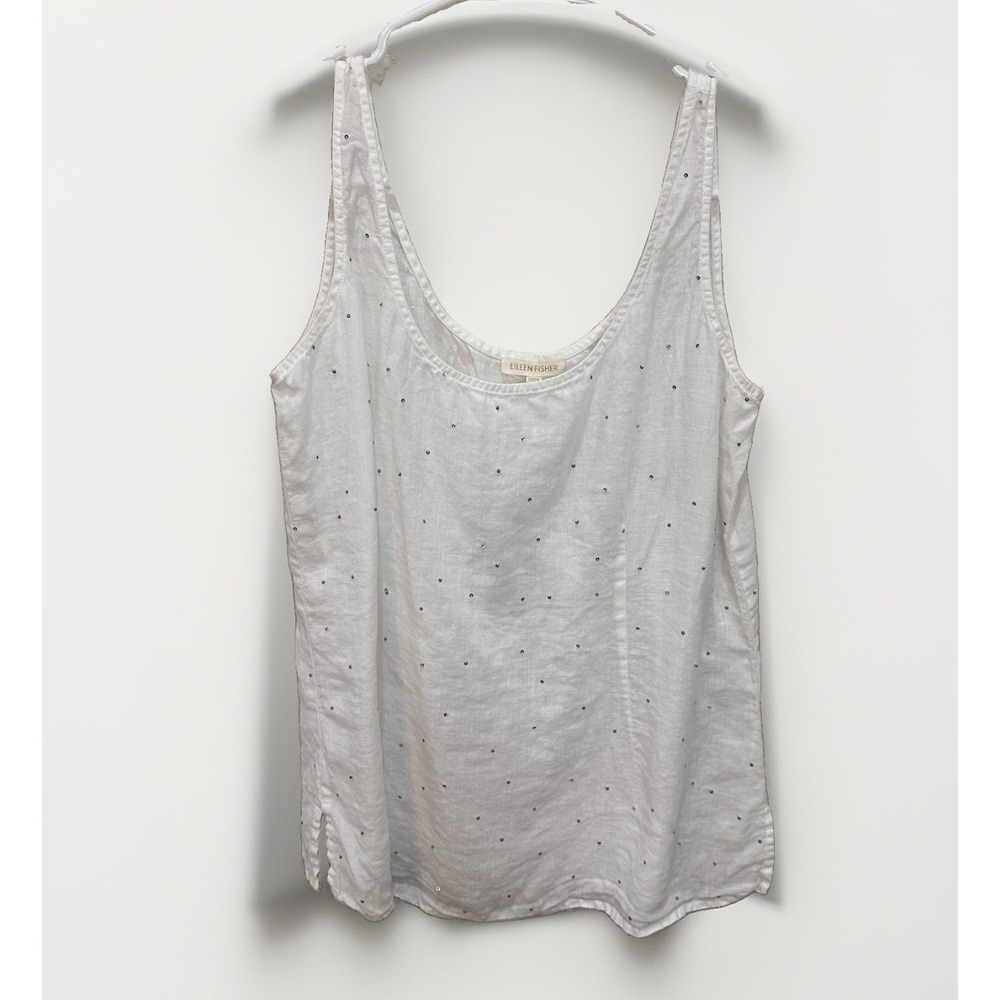 Eileen Fisher 100% Irish Linen White Tank Top Sm Sequin Beach Boho Casual Casual